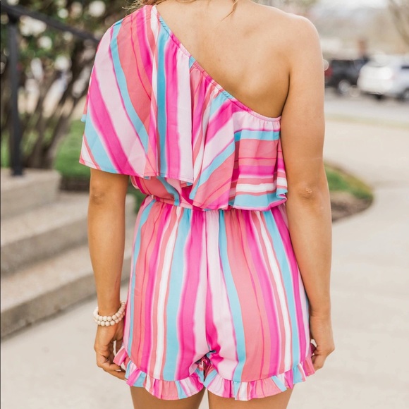 Pink Lily • Landed in Paradise Pink Striped Romper - Picture 5 of 8